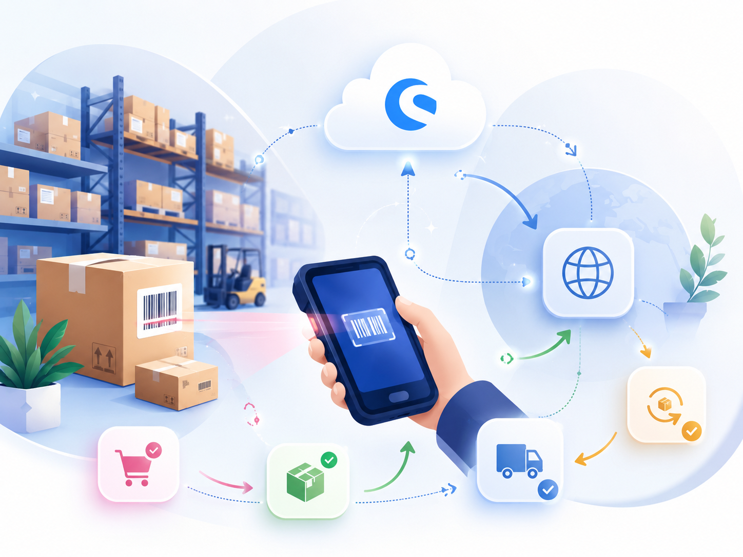 Illustration einer Warenwirtschaft mit Lager, Paketen, Barcode-Scan und vernetzten Arbeitsabläufen